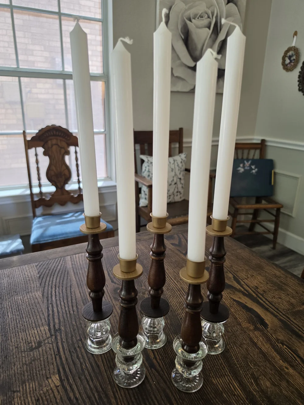 Set of 5 taper candlestick holders with turned wood stems, gold-tone brass cups
